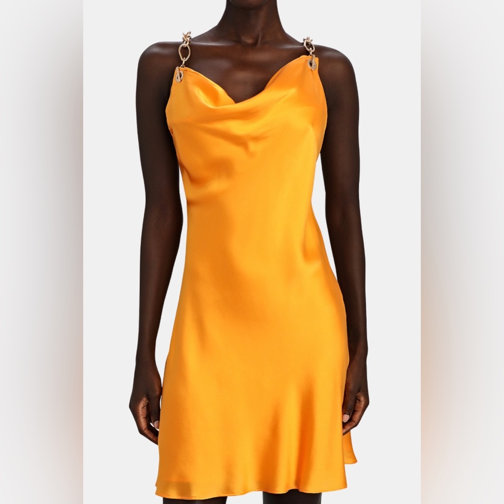 Marigold silk minidress CULT GAIA chain-link shoulder straps, scoop neck